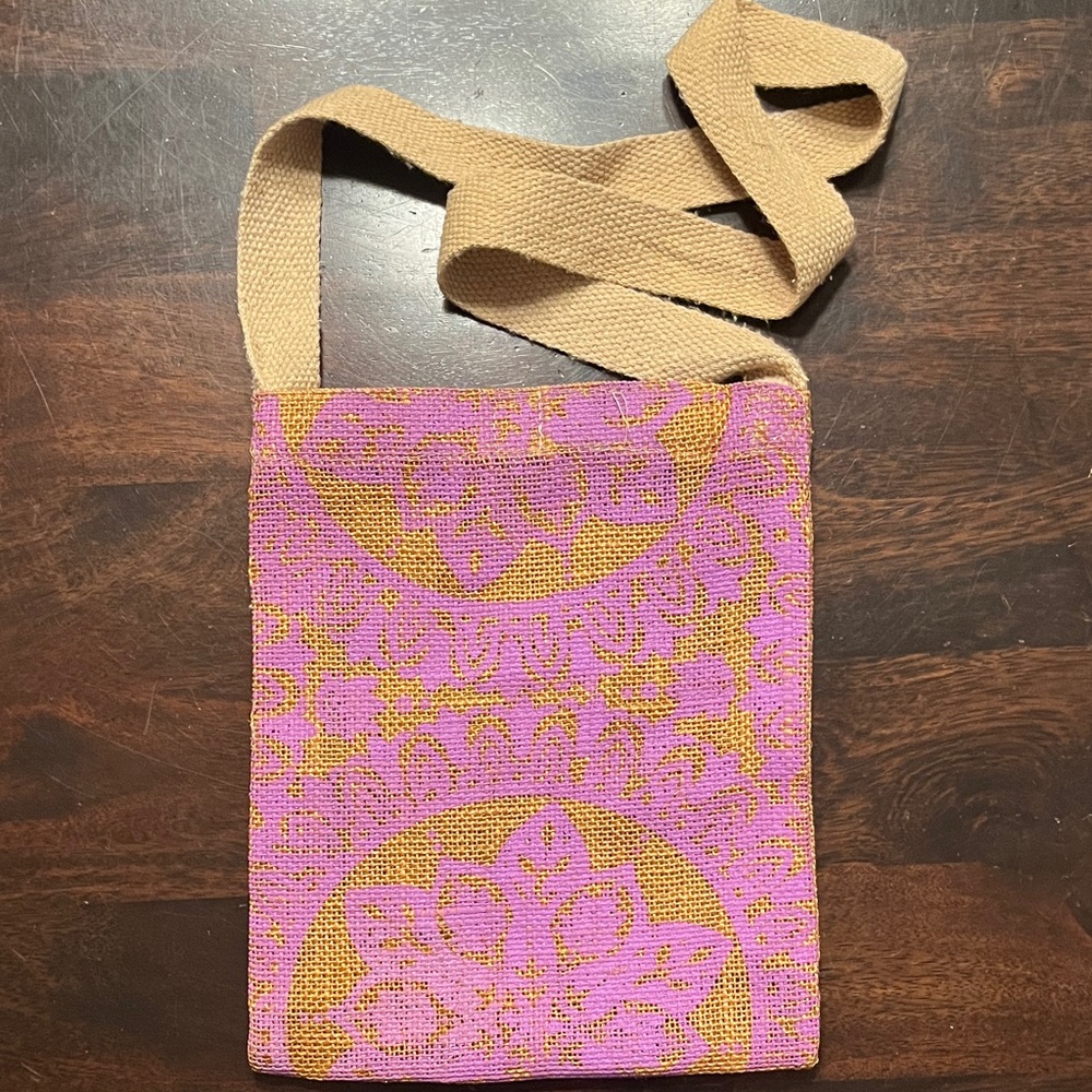Lavender & Tan Burlap Crossbody Bag